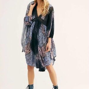 Free People Moon Child Lakeside Top Tunic Dress Boho Blue Black Sz Small Y2K